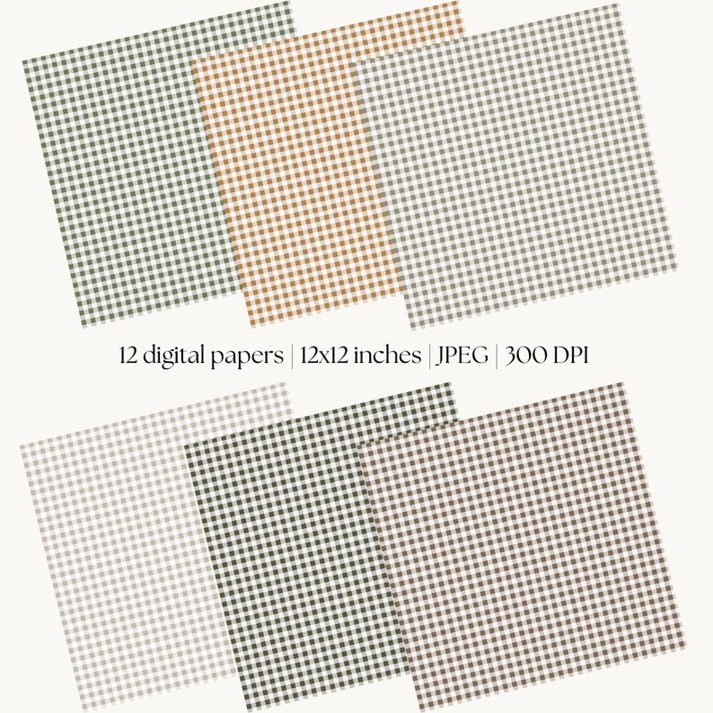 May include: Twelve digital papers with gingham patterns in various colors, including brown, green, gray, and white. Each paper is 12x12 inches and 300 DPI.