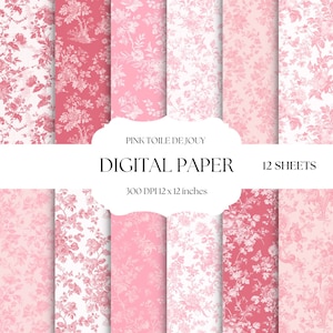 Papel digital rosa Toile De Jouy, patrones florales vintage, fondos chinoiserie rosas y blancos, papel de álbum de recortes digital
