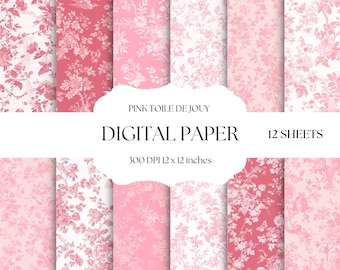 Pink Toile De Jouy Digital Paper, Vintage Floral Patterns, Pink And White Chinoiserie Backgrounds, Digital Scrapbook Paper