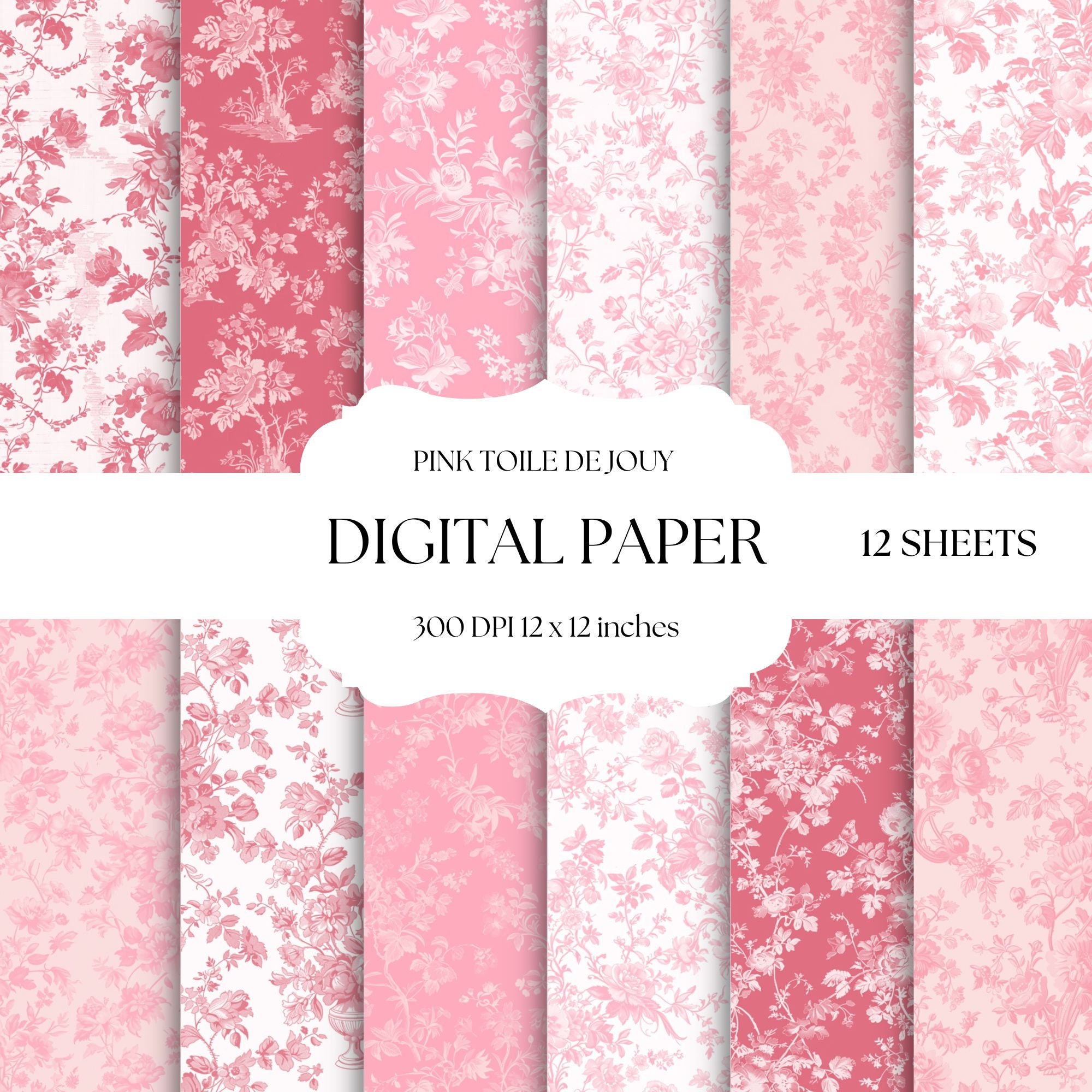 Pink Toile De Jouy Digital Paper, Vintage Floral Patterns