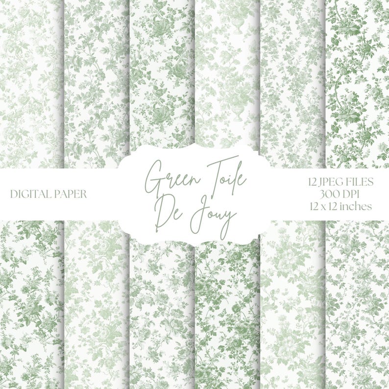 May include: Digital paper set with a green floral toile de Jouy design on a white backdrop. The image shows 12 JPEG files, each 30.48 x 30.48 cm, at 300 DPI. The text "Green Toile De Jouy" is displayed in the center of the image.