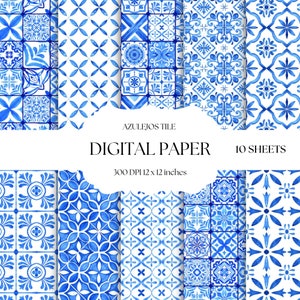 Blaue Fliesen Digitales Papier, Azulejo portugiesische Fliesenmuster, digitale Hintergründe, blaues Scrapbook-Papierset, mexikanische Fliesenmuster