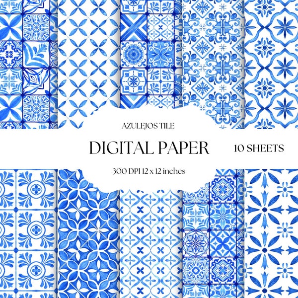 Blue Tile Digital Paper, Azulejo Portuguese Tile Patterns, Digital Backgrounds, Blue Scrapbook Paper Set, Mexican Tile Seamless Patterns