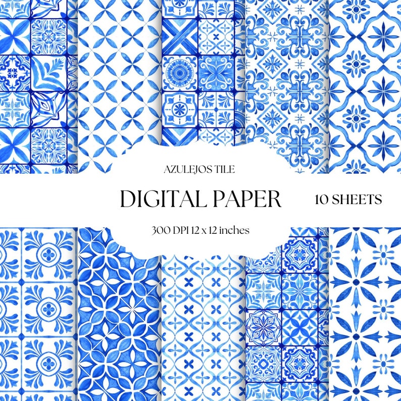 May include: Ten digital paper sheets featuring blue and white azulejo tile patterns. Each sheet is 12 inches by 12 inches and 300 DPI.