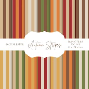 Può includere: Carta digitale con strisce verticali nei colori autunnali. Le strisce includono sfumature di marrone, beige, rosso, arancione e verde. Il testo "Autumn Stripes" è in un carattere decorativo e l'immagine include il testo "14 JPEG FILES 30.48 x 30.48 cm".