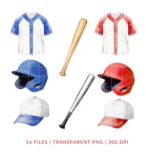 May include: Watercolor illustration of baseball equipment, including two jerseys, two helmets, two baseball bats, and two baseball caps. The jerseys are white with blue and red accents. The image includes the text "16 FILES | TRANSPARENT PNG | 300 DPI".