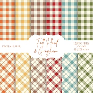 Op de afbeelding: Een verzameling digitale papierontwerpen met ruit- en vichy-patronen in verschillende herfstkleuren. De ontwerpen omvatten oranje, geel, bruin, rood, blauwgroen en groen. De tekst op de afbeelding luidt "Fall Plaid & Gingham" en de afmeting is 30,48 x 30,48 cm.