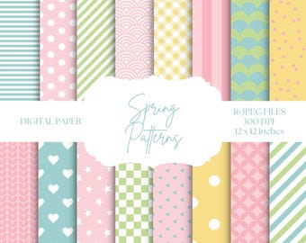 Spring Digital Paper, Pastel Backgrounds, Seamless Patterns, Digital Scrapbook Paper, Pink Polka Dots, Yellow Gingham, Blue Stripes