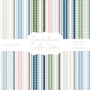 May include: Digital paper set featuring vertical stripes in various colors, including blue, pink, green, and beige. Some stripes have a scalloped edge, while others have dotted lines. The text "Grandmillennial Scallop Stripes" is displayed.