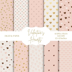 Könnte beinhalten: Digitales Papier-Set mit Herzmustern in Gold, Braun und Rosa. Designs umfassen verstreute Herzen, Punkte und Herzumrisse. Der Text "Valentine's Hearts" wird angezeigt, mit Abmessungen von 30,48 x 30,48 cm.