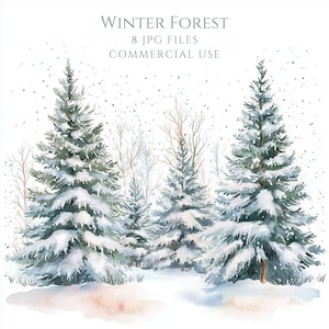 Op de afbeelding: Waterverfillustratie van een winterboslandschap met besneeuwde dennenbomen. De afbeelding toont een besneeuwd landschap met de tekst "Winter Forest" en "8 JPG Files Commercial Use".