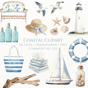 Clipart de verano en acuarela, PNG de playa, vacaciones en la costa, pegatinas digitales azules, estética de abuela costera, náutica, scrapbooking de verano