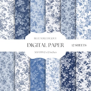Papel digital Toile de Jouy azul, estampados florales vintage, fondos chinoiserie azul y blanco, papel para álbumes de recortes digitales