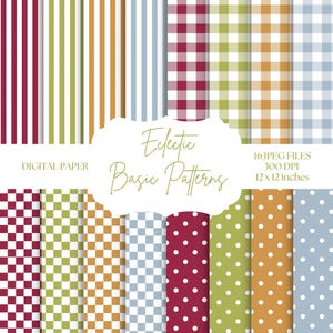 Könnte beinhalten: Eine Sammlung digitaler Papiermuster mit Streifen, Vichy-Karo, Schachbrett und Punkten in Kastanienbraun, Olivgrün, Senfgelb und Hellblau. Der Text lautet Eclectic Basic Patterns, 16 JPEG FILES, 300 DPI, 12 x 12 inches.
