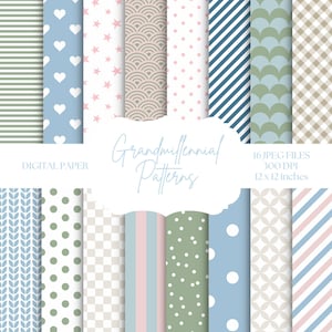 Grandmillennial Digitales Papier, Hintergrund rosa, adrette Muster, Scrapbook-Papier Blau, Grün, Vichy-Karo, Planer, Party-Einladungen, Papierhandwerk