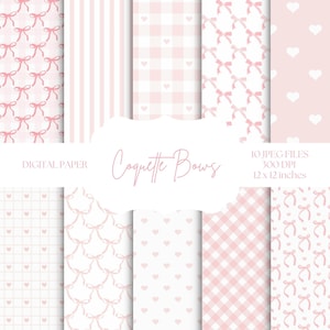 Carta digitale fiocco rosa, sfondi Coquette, motivi a cuore, carta digitale rosa e bianca, carta per album per bambini, carta digitale per San Valentino