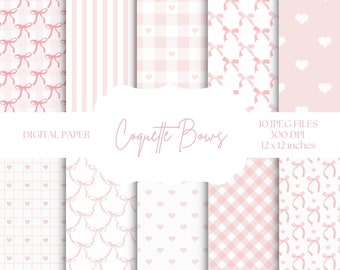 Pink Bow Digital Paper, Coquette Backgrounds, Heart Patterns, Pink And White Digital Paper, Baby Scrapbook Paper, Valentines Digital Paper