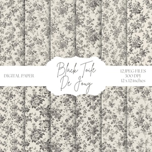 Papier numérique toile de Jouy noire, motifs floraux vintage, arrière-plans de chinoiseries noir et blanc, papier de scrapbooking numérique, toile française