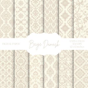 Beige damast digitaal papier, neutrale achtergronden, vintage damastpatronen, beige bruiloft plakboekset, elegante naadloze patronen