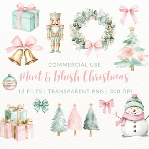 Pastel Christmas Clipart, Pink And Green Watercolor, Pink Bow PNG, Cute Christmas Tree Clip Art, Mint And Blush, Christmas Wreath