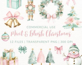 Pastel Christmas Clipart, Pink And Green Watercolor, Pink Bow PNG, Cute Christmas Tree Clip Art, Mint And Blush, Christmas Wreath
