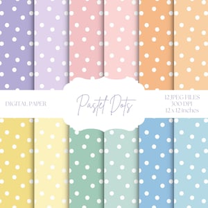 May include: Twelve digital paper patterns featuring pastel polka dots in various colors, including purple, pink, yellow, green, and blue. Each pattern is 12x12 inches and 300 DPI.