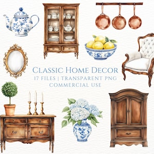 Puede incluir: Un conjunto de 17 ilustraciones de acuarela que representan elementos clásicos de decoración del hogar. El conjunto incluye un armario de madera con puertas de vidrio, un armario de madera, una cómoda de madera, un espejo, una tetera, un cuenco de limones, un juego de tres ollas colgantes y un ramo de hortensias blancas en un jarrón azul y blanco. Las ilustraciones son perfectas para crear diseños digitales, scrapbooking o para agregar un toque de encanto vintage a tus proyectos.