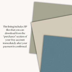 Puede incluir: Texto sobre un fondo blanco que explica que esta lista incluye archivos ZIP que se pueden descargar desde la secci&oacute;n "compras" de tu cuenta de Etsy inmediatamente despu&eacute;s de que se confirme tu pago. El fondo es una pila de tres cuadrados de papel de colores: un cuadrado verde claro en la parte superior, un cuadrado beige en el medio y un cuadrado azul en la parte inferior.