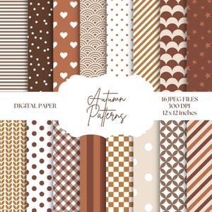 Op de afbeelding: Een verzameling van 16 digitale papierontwerpen met herfstpatronen in bruin, wit en goud. De ontwerpen omvatten strepen, stippen, harten en geometrische vormen. De tekst luidt "Autumn Patterns" en "Digital Paper". Elk papier is 30,48 x 30,48 cm groot.