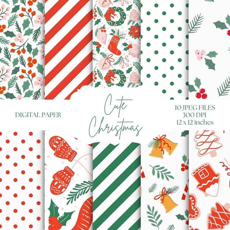 Cute Christmas Digital Paper, Red Green Pink Christmas Backgrounds