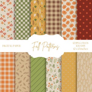 Fall Patterns Digital Paper, Autumn Leaves Backgrounds, Seamless Pumpkin Patterns, Scrapbook Paper, Digital Scrapbooking, Neutral Fall Paper
