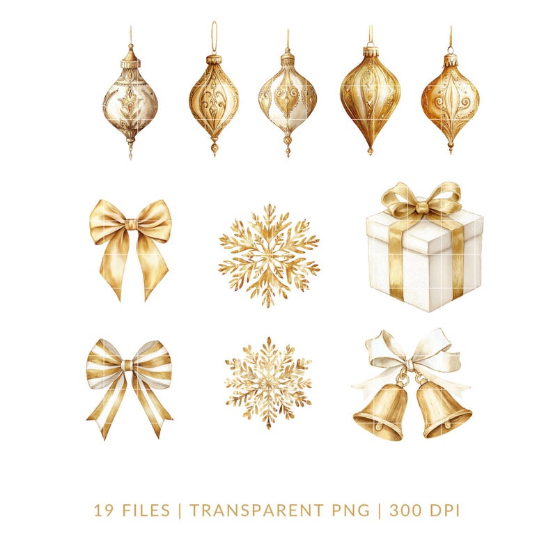 May include: Watercolor illustrations of Christmas ornaments, bows, snowflakes, a gift box, and bells in gold and white. The image includes the text "19 FILES | TRANSPARENT PNG | 300 DPI".