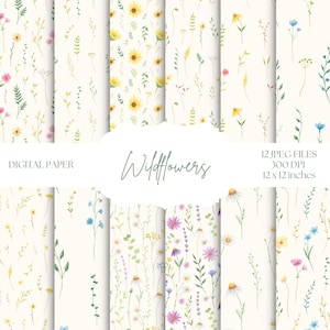 May include: A set of 12 digital paper designs featuring watercolor wildflowers in various colors, including yellow, pink, blue, and purple. The designs are seamless and perfect for crafting projects, scrapbooking, and more.  The text "Wildflowers" is displayed in the center of the image.