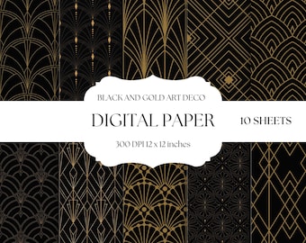 Black And Gold Art Deco Digital Paper, Geometric Backgrounds, Seamless Retro Patterns, Digital Download Scrapbook Paper Set