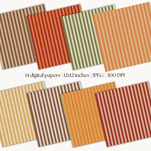 May include: A selection of 14 digital papers featuring vertical stripes in shades of brown, orange, green, and red. Each paper is 30.48 cm x 30.48 cm. The image includes the text "14 digital papers | 12x12 inches | JPEG | 300 DPI."