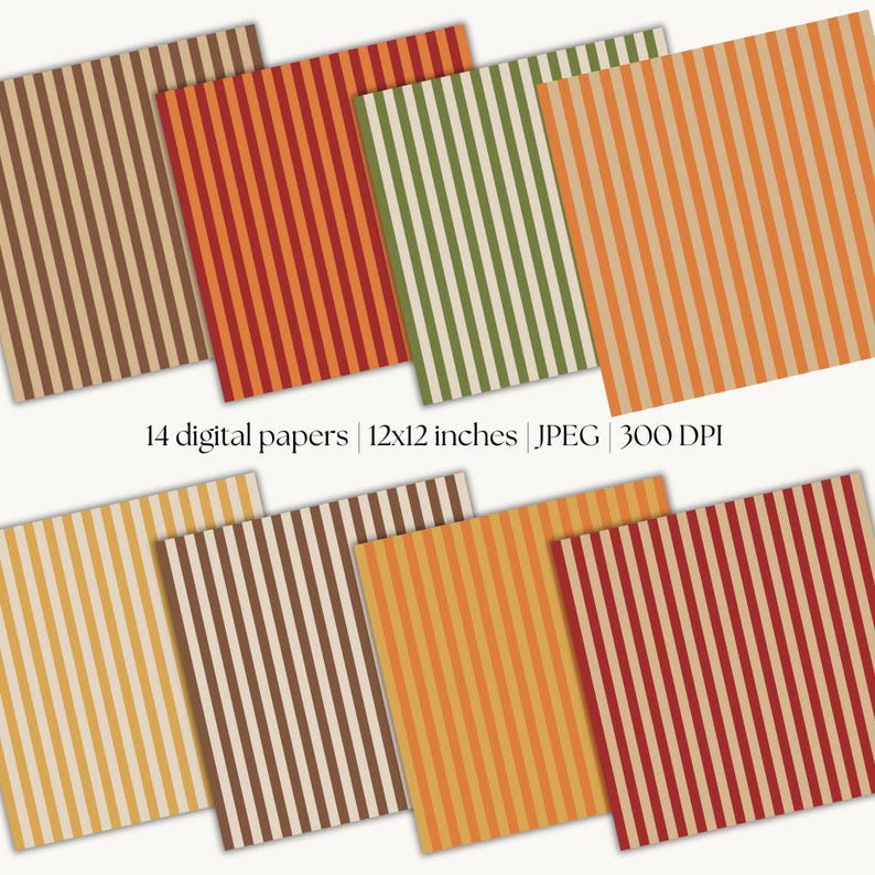 May include: A selection of 14 digital papers featuring vertical stripes in shades of brown, orange, green, and red. Each paper is 30.48 cm x 30.48 cm. The image includes the text "14 digital papers | 12x12 inches | JPEG | 300 DPI."
