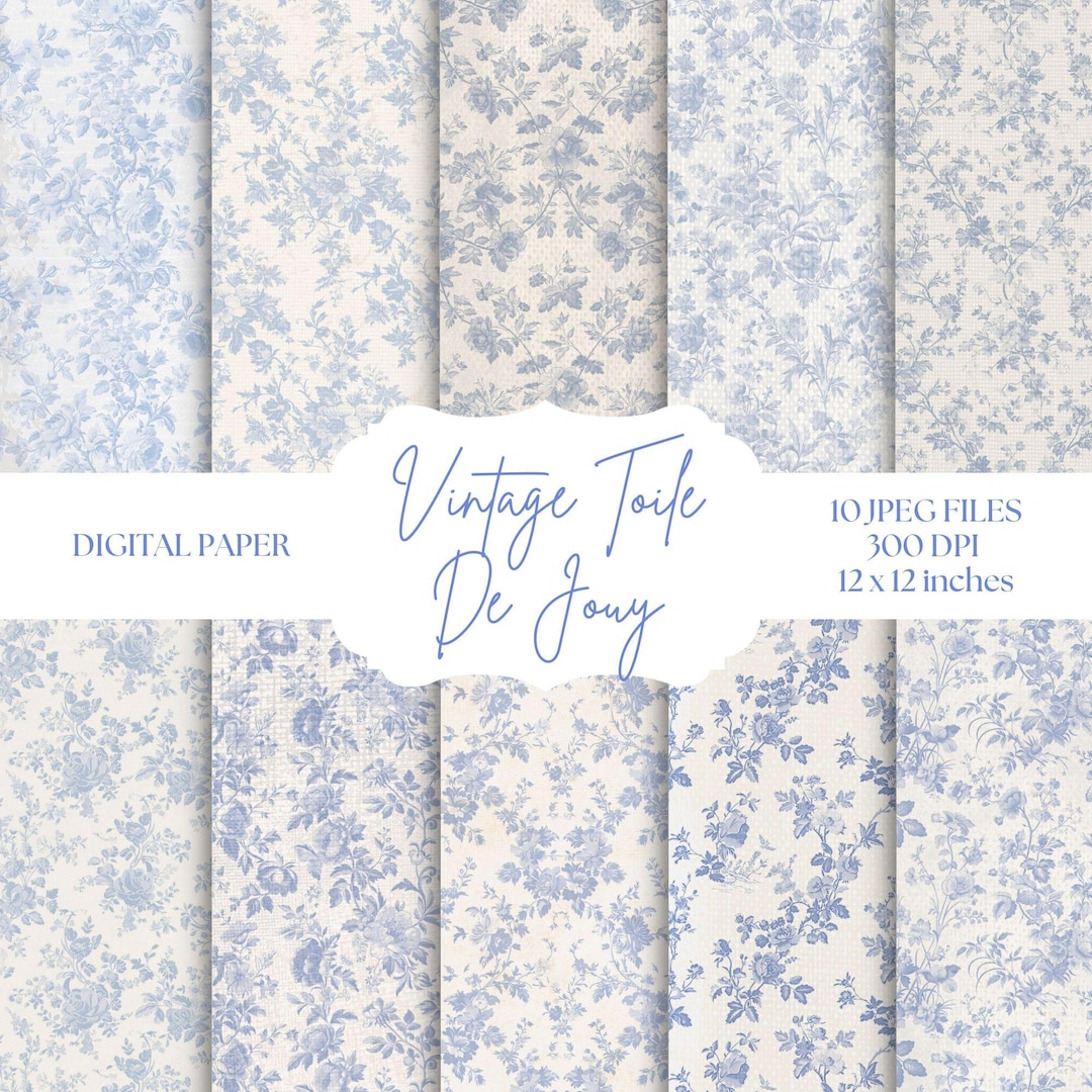 Toile De Jouy Digital Paper, Vintage Floral Patterns, Blue and White ...