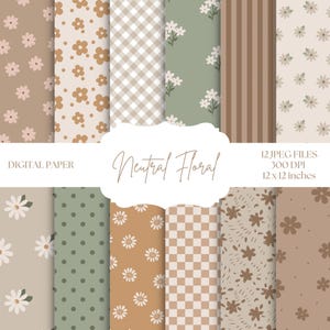 Può includere: Una collezione di design di carta digitale con motivi floreali neutri. I design includono margherite, pois, strisce e motivi a scacchi nei toni del beige, marrone e verde. Il testo "Neutral Floral" e "12 x 12 pollici" sono visibili.