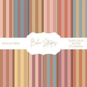 Papier numérique Boho Stripes, Arrière-plans orange, Motifs à rayures, Papier de scrapbooking marron, Papier imprimable sans couture, Jaune, rose, bleu