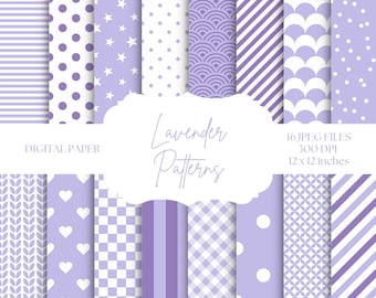 Papel digital morado, fondos lavanda, patrones sin costuras, papel digital para álbumes de recortes, rayas moradas, lunares sin costuras, papel imprimible