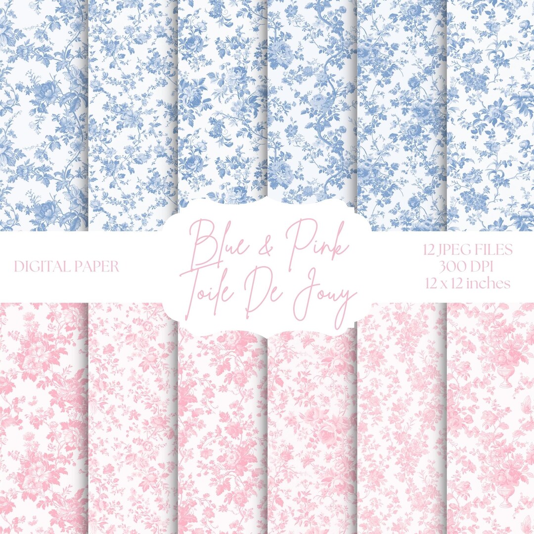 Spring Toile Blue Blue Toile Digital Paper, Pink Toile De Jouy, Chinoiserie Backgrounds ...