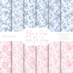 Papier numérique toile bleu, toile de jouy rose, arrière-plans de chinoiseries, motifs floraux printaniers, ensemble de papier de scrapbooking bleu et rose