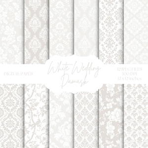 Papel digital damasco branco, fundos neutros, padrões sem costura, papel digital para casamento, papel elegante para scrapbook, papel digital bege