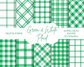 Papel digital de cuadros verdes, fondos del día de San Patricio, patrones sin costuras de cuadros vichy, verde y blanco, cuadros estilo búfalo, papel imprimible