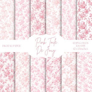 Carta digitale Toile, sfondi rosa e bianchi, motivi floreali, carta per scrapbooking per baby shower, Toile De Jouy pastello, fiori rosa