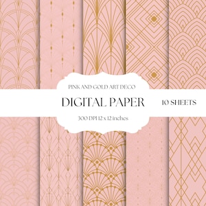 Rosa und goldenes Art-Deco-Digitalpapier, geometrische Hintergründe, nahtlose Retro-Muster, digitaler Download Scrapbook-Papier-Set