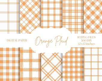 May include: Digital paper pack with 10 orange plaid patterns. Each pattern is 12x12 inches and 300 DPI. The patterns include various plaid designs with different sized squares.