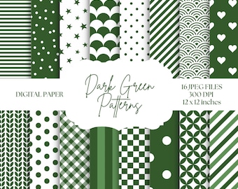 Green Digital Paper, Seamless Backgrounds, Green And White Patterns, Digital Scrapbook Paper For Invitations, Dark Green Stripes, Polka Dots