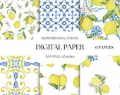 Yellow Lemon Digital Paper, Blue Tile Digital Paper, Mediterranean Seamless Patterns, Santorini Backgrounds, Blue And Yellow Scrapbook Paper