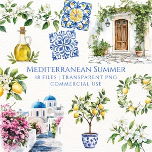 Clipart été de Santorin, aquarelles de citrons, carreaux d'azulejos bleus, vacances en Méditerranée, Grèce, autocollants numériques jaunes, scrapbooking